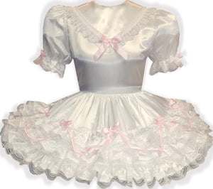 Helen Custom Fit White Satin Pink Bows Adult Baby Sissy Dress by Leanne's
