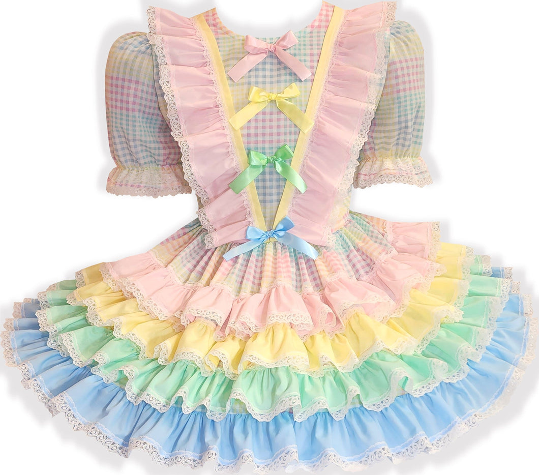 MaryLou Custom Fit Rainbow Gingham Pink Ruffles Bows Adult Sissy Dress by Leanne's