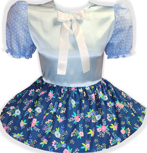 XL Ready to Wear Blue Polka Dots Flowers Bow Adult Sissy Dress by Leanne's