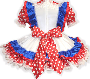 Claudia Custom Fit Red White Blue Satin Polka Dots Adult Sissy Dress by Leanne's