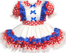 Claudia Custom Fit Red White Blue Satin Polka Dots Adult Sissy Dress by Leanne's