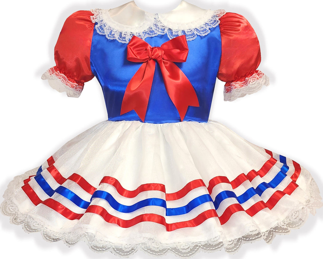 Jessica Custom Fit Red White Blue Satin Organza Adult Sissy Dress by Leanne's