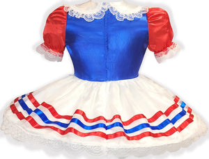 Jessica Custom Fit Red White Blue Satin Organza Adult Sissy Dress by Leanne's