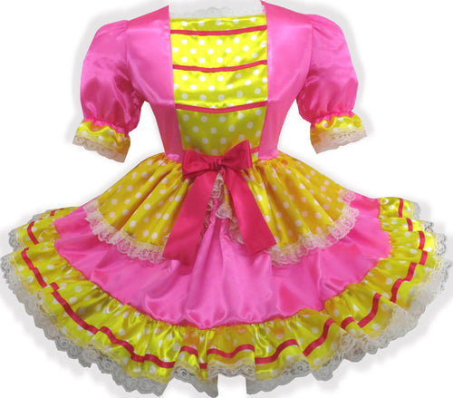 Isla Custom Fit Pink Yellow Satin Polka Dots Adult Sissy Dress Leanne