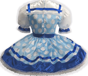 Annabelle Custom Fit Blue Satin Polka Dot Adult Sissy Dress