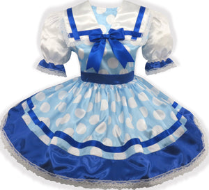 Annabelle Custom Fit Blue Satin Polka Dot Adult Sissy Dress