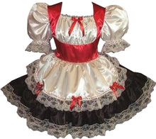 A satin Swiss maid dress featuring a white and red color scheme with lace and satin ribbon details, an attached front apron, elasticized sleeve ends, and a full gathered skirt with lace-edged ruffles.