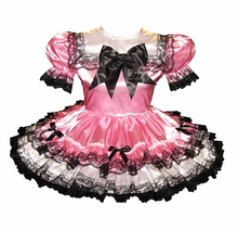 Ashlee Custom Fit Pink Satin Black Lace & Bows Adult Sissy Dress by Leanne's