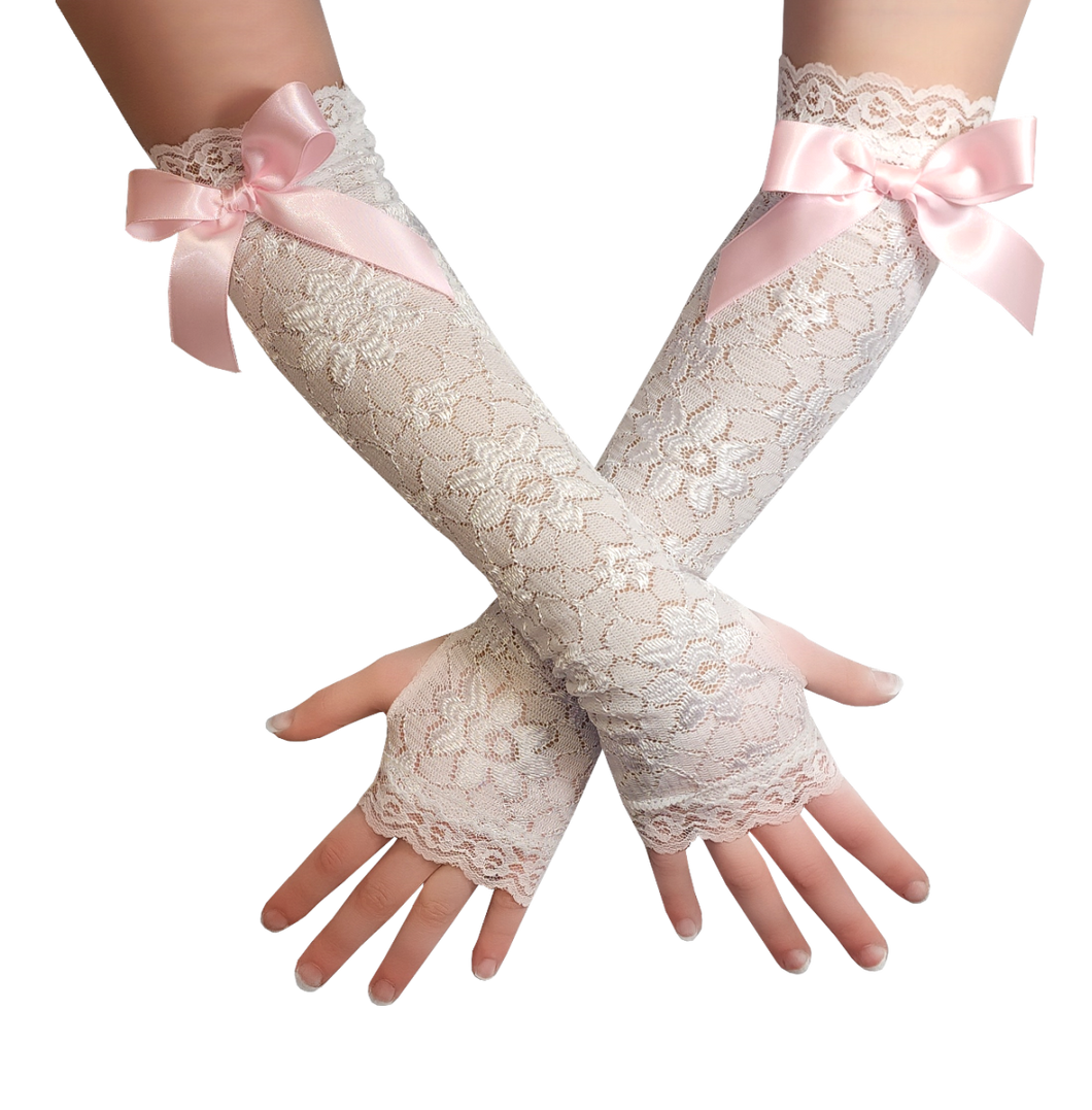 Sissy White Floral Stretch Lace Arm Sleeves Fingerless Wedding Gloves by Leanne's