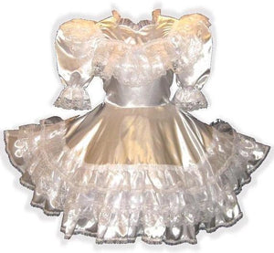 Savannah Custom Fit White Satin Ruffles Adult Little Girl Baby Sissy Dress by Leanne's