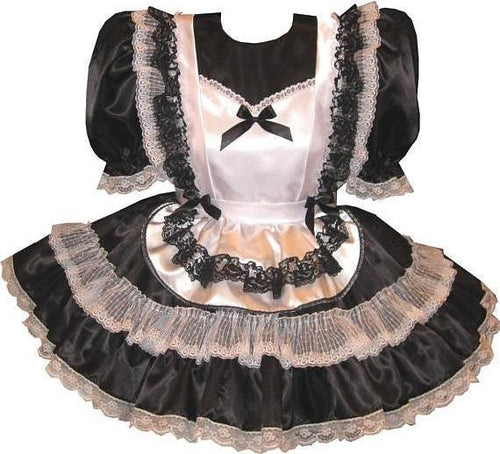 Celine Custom Fit Black & White Satin Maid Adult Little Girl Baby Sissy Dress by Leanne's