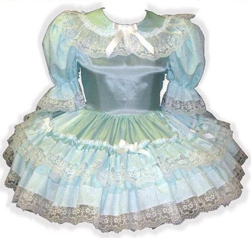 Amanda Custom Fit Mint Satin Ruffles Bows Adult Little Girl Baby Sissy Dress by Leanne's