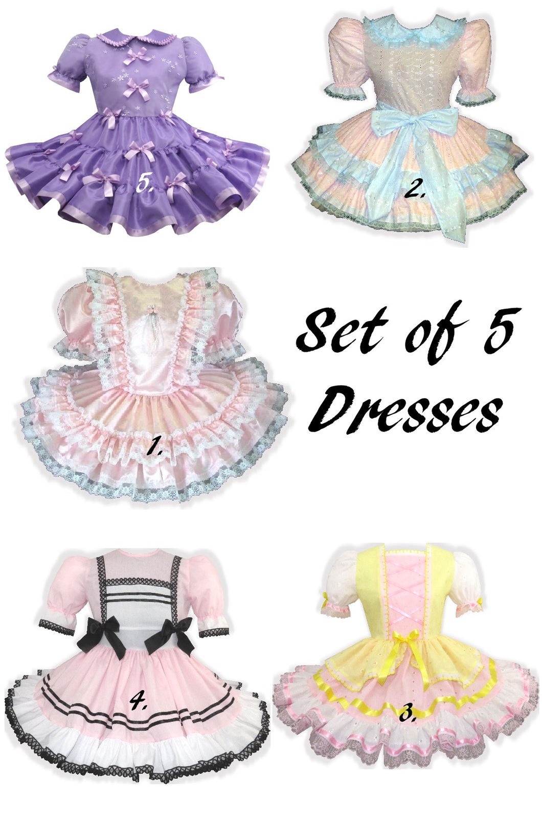 Set of 5 Ready to Wear Adult Sissy Dress Bundle Wardrobe  | 44